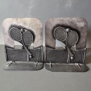 Vintage 1980 Metzke Pewter Tennis Bookends, Signed, MCM Sports Shelf Decor
